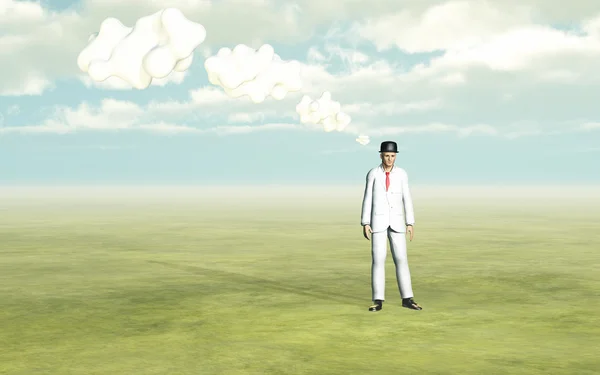 Человек с 3D белыми мыслительными облаками — стоковое фото