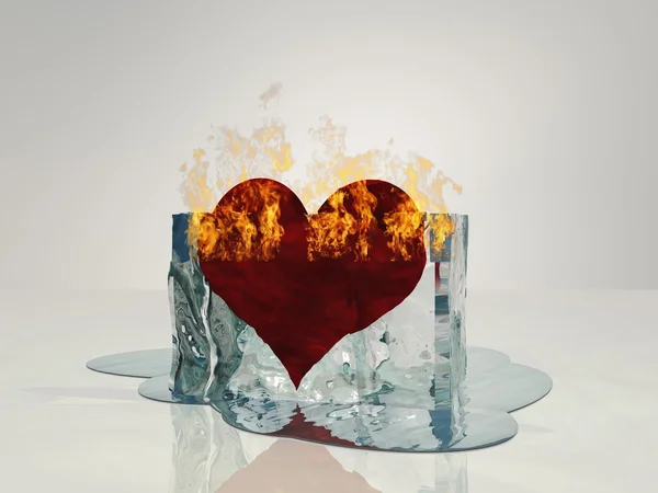 Heart on fire melting ice — Stock Photo, Image
