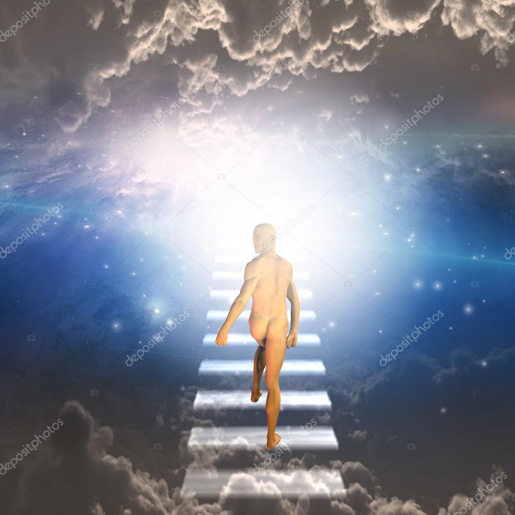 Man travels up stairway into heavens