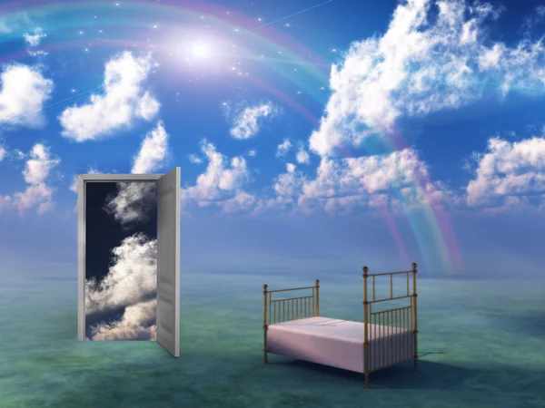 Łóżko w fantazji krajobraz — Zdjęcie stockowe