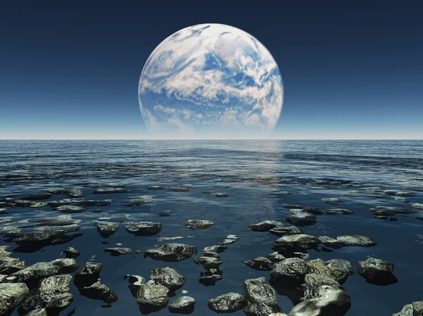 Paysage aquatique rocheux avec planète ou terre avec moo terraformé Photos De Stock Libres De Droits