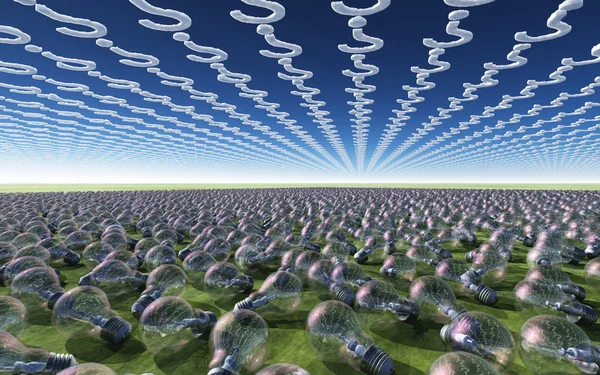 Light Bulbs litter the ground with question mark clouds — Stock Photo, Image