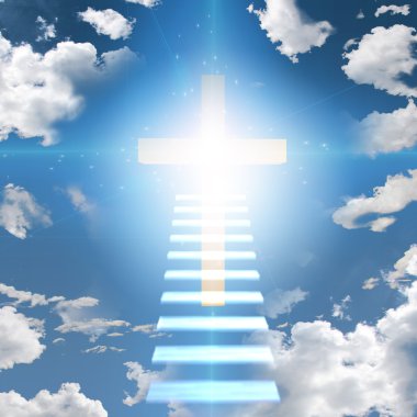 Stairway leads to cross and glowing light clipart