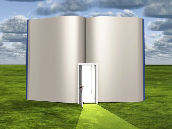 Pagine vuote di libro aperto con porta che emette luce — Foto Stock