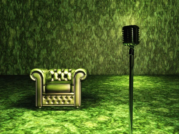 Grüner Stuhl mit rotem Vorhang — Stockfoto