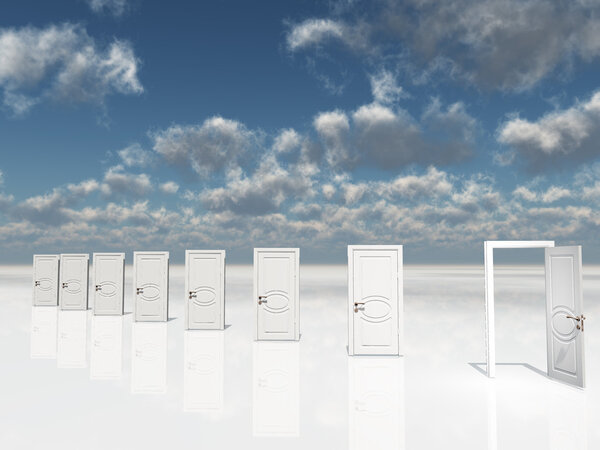 Sigle open door amongst several in surreal landscape