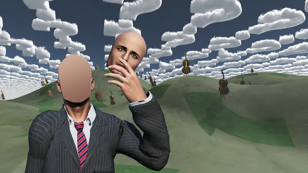 Człowiek usuwa twarz showsblank powierzchni w krajobraz z pytanie s — Zdjęcie stockowe