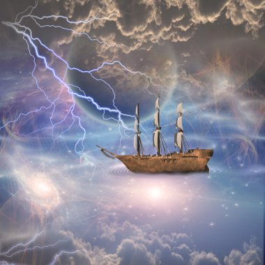 Harika bir manzarayla yelkenli gemi.