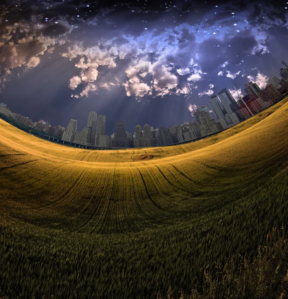 City in distance and meadow — Stock Photo, Image