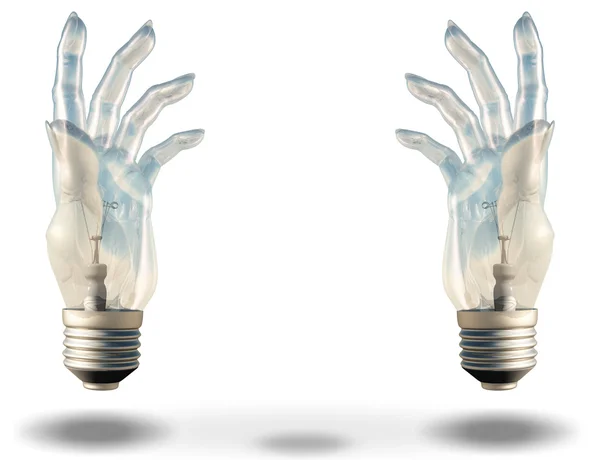 Two hand shaped light bulbs frame space — Stock Photo, Image