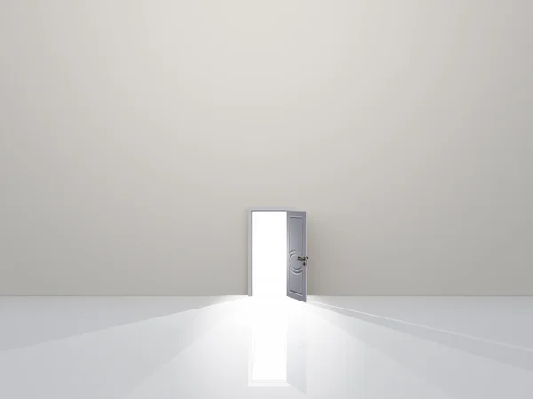 Одна дверь в чистом белом пространстве излучает свет — стоковое фото