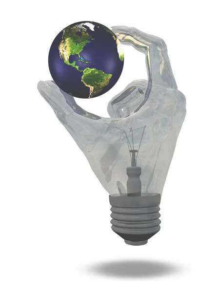 Glödlampa hand håller jorden — Stockfoto