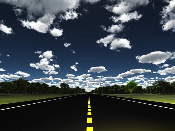 Дорога в зеленому пейзажі з хмарами — стокове фото