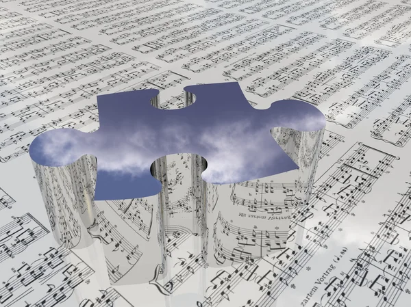 Puzzle and sheet music reflecting clouds. — Stock Photo, Image