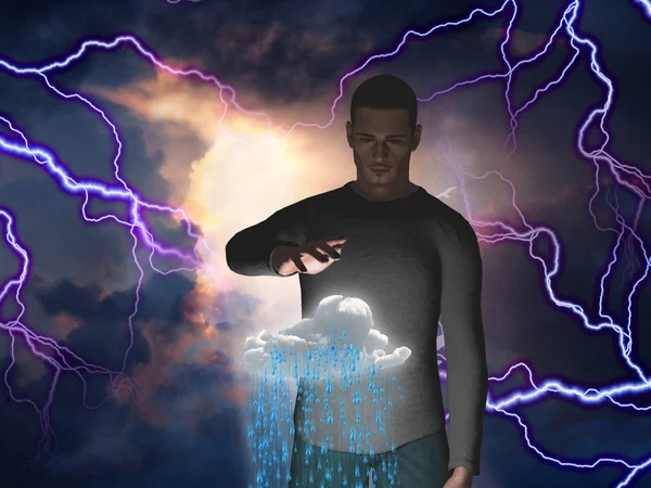 Homem com poder sobre a nuvem de chuva — Fotografia de Stock