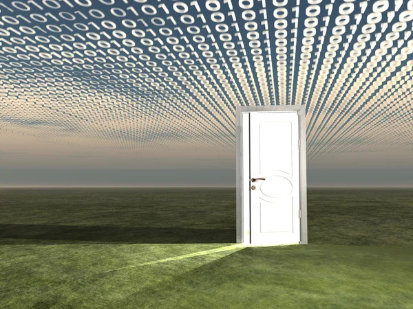 Doorway in landscape with binary streaming — Stock Photo, Image