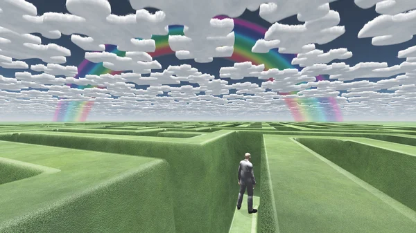 Man in doolhof met puzzel wolken — Stockfoto