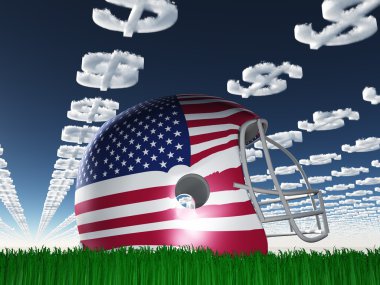 Amerikan bayrağı futbol kaskı dollarsymbol bulutlu çimenlerin üzerinde