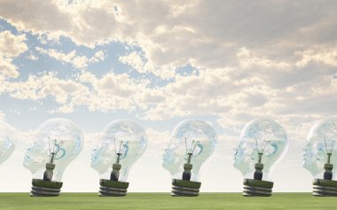 İnsan kafa lightbulbs yatay satır