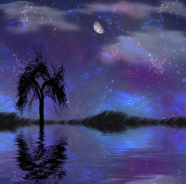 Göl, ay ve ağaç ilustration