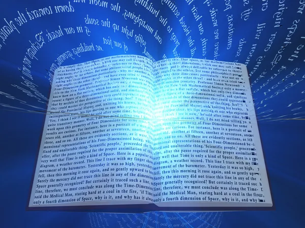 Livre avec texte flottant et lumière — Photo