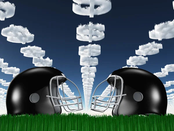Casco da calcio su erba con nuvole DollarSymbol — Foto Stock