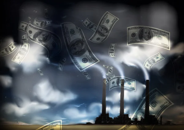 Grunge táj gyár és a pénznem — Stock Fotó