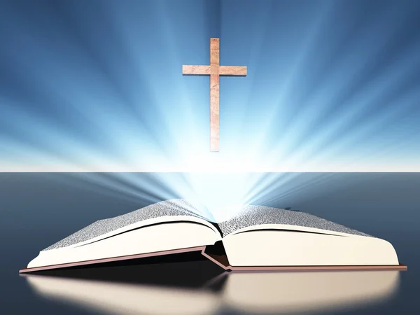 Licht strahlt aus der Bibel unter Kreuz — Stockfoto