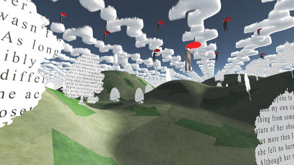 Question clouds over surrreal landscape