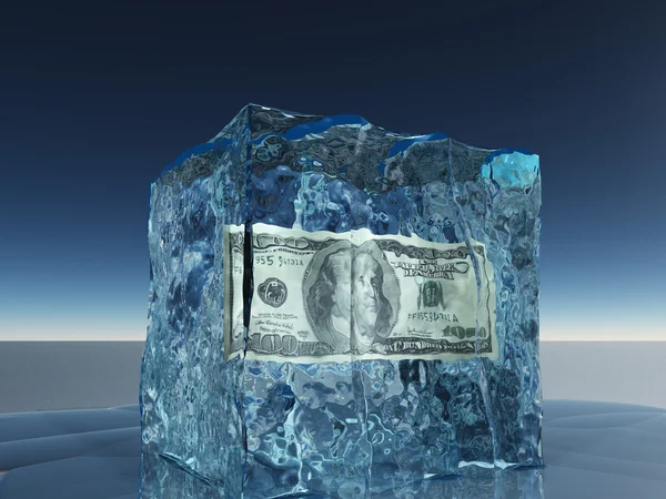 One hundred dollar bill frozen in ice — Stock Photo, Image