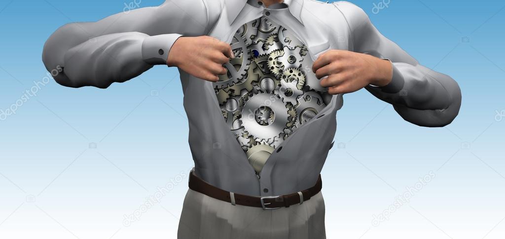 Man opens shirt to reveal gears