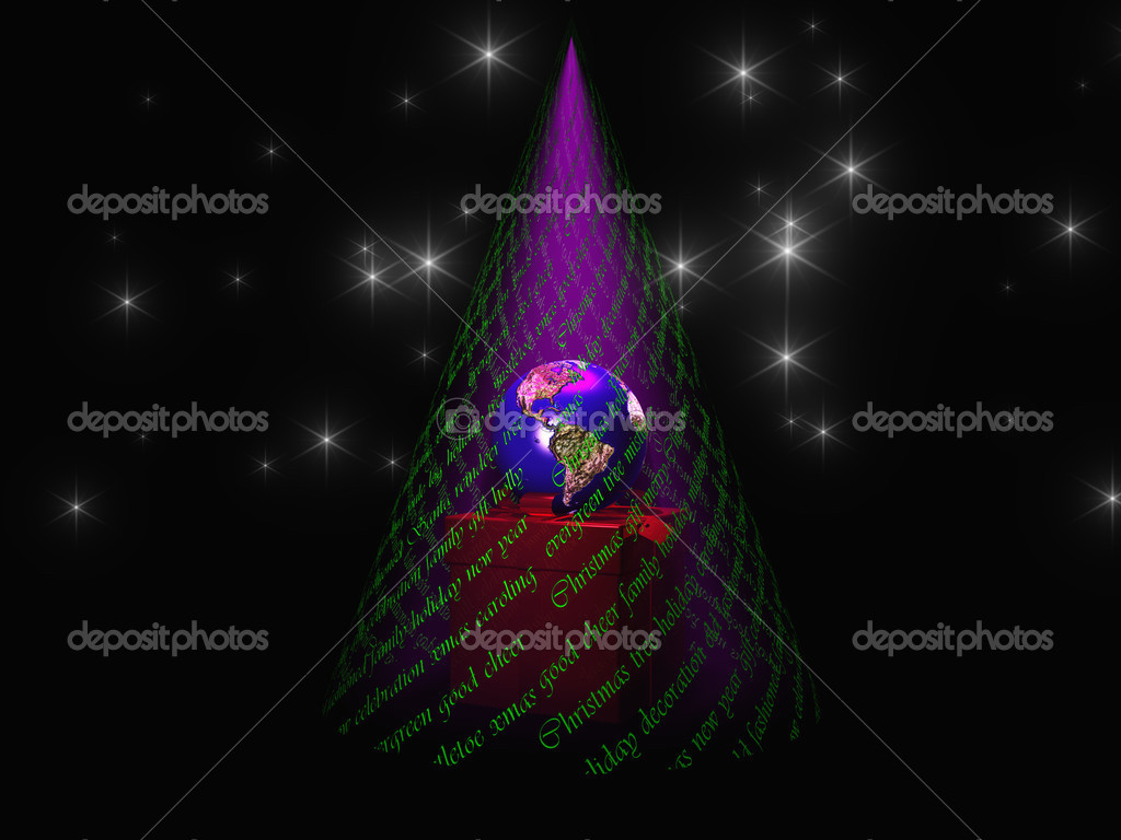 Christmas text in shape of tree with light reveals earth atop gi — Stock