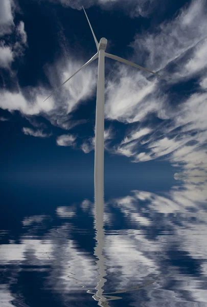 Windturbine in water op bewolkte hemelachtergrond — Stockfoto