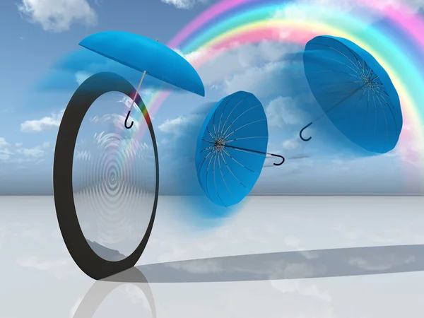 Dream scene with blue umbrellas and rainbow — Stock Photo, Image