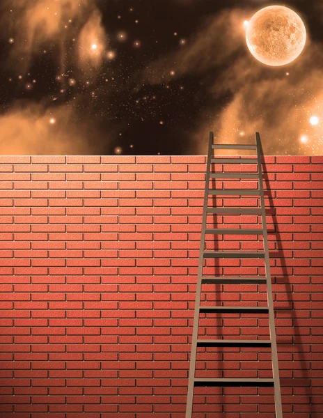 Leiter lehnt an Wand mit Himmel — Stockfoto