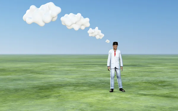 Homem com nuvens de pensamento branco 3D — Fotografia de Stock