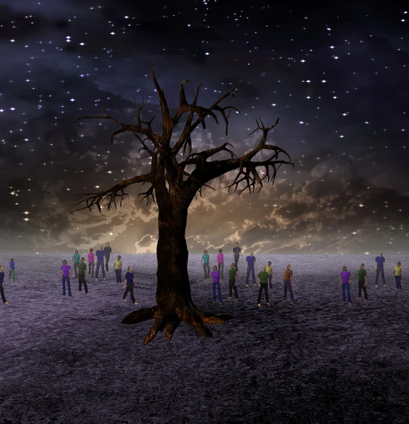 Mensen verzamelen rond grote boom op dorre wereld — Stockfoto