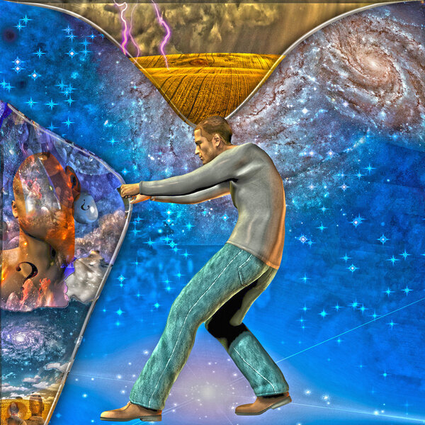 Man stretches space time to show power beneath