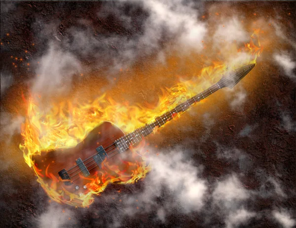 Hořící basová kytara — Stock fotografie