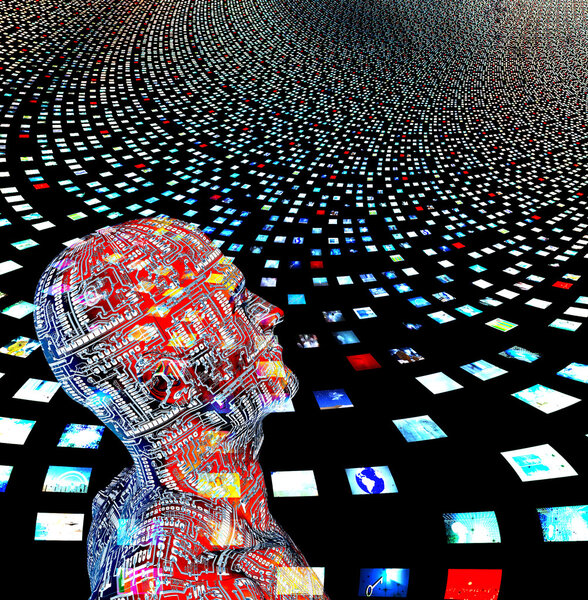 Видеоэкраны и человек созданы внутренне из моих собственных образов и человека
