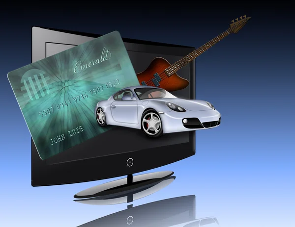 Credit card, car, flat panel and guitar — Stock Photo, Image