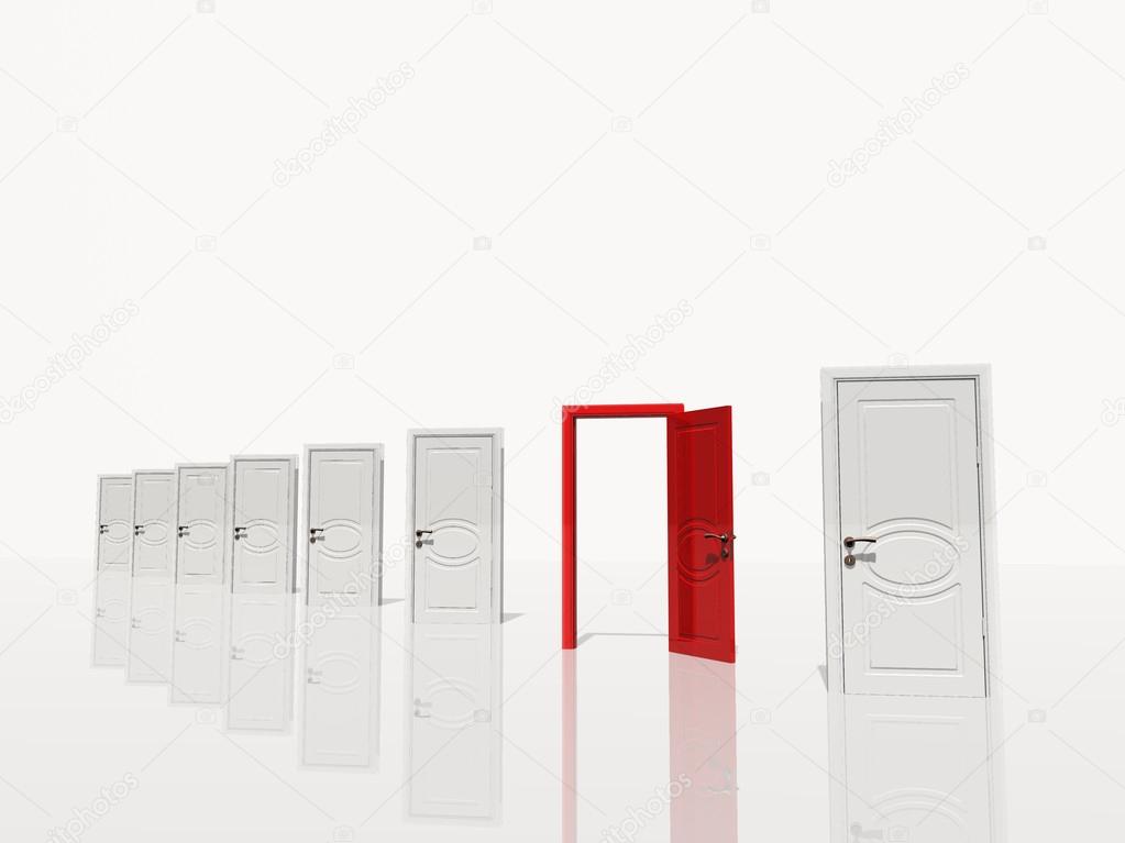Sinigle open red door in of several white doors white space