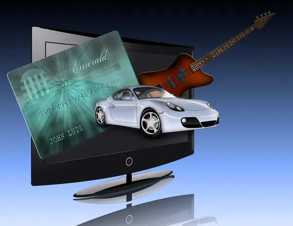 Cartão de crédito, carro, painel plano e guitarra — Fotografia de Stock