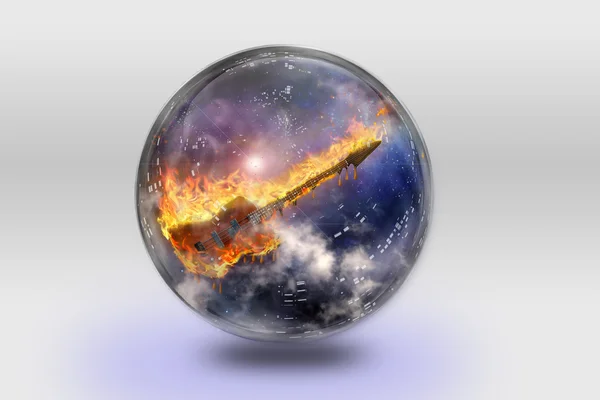 Kristal küre içinde yanan gitar — Stok fotoğraf