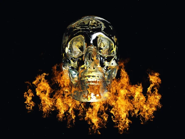Kristallen schedel omringd door vuur — Stockfoto