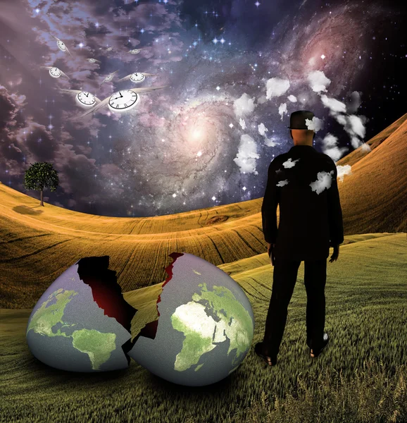 Man with head in clouds with earth egg — Stock Photo, Image
