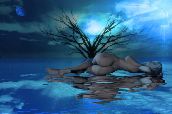 Geceleri su ağacın yanında yatan kadın — Stok fotoğraf