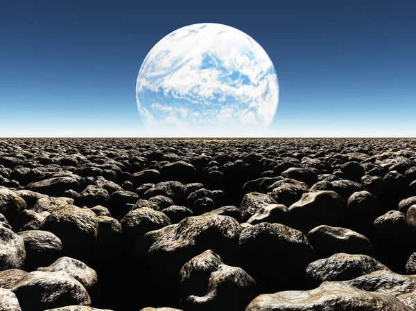 Rocky Landscape with planet or earth with terraformed moon in the distance — Stock Photo, Image