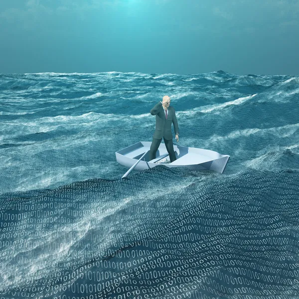 Man Adrift i liten båt i binära havet — Stockfoto