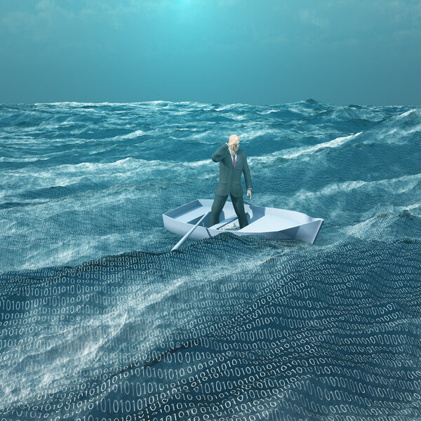 Man Adrift in tiny boat in binary ocean